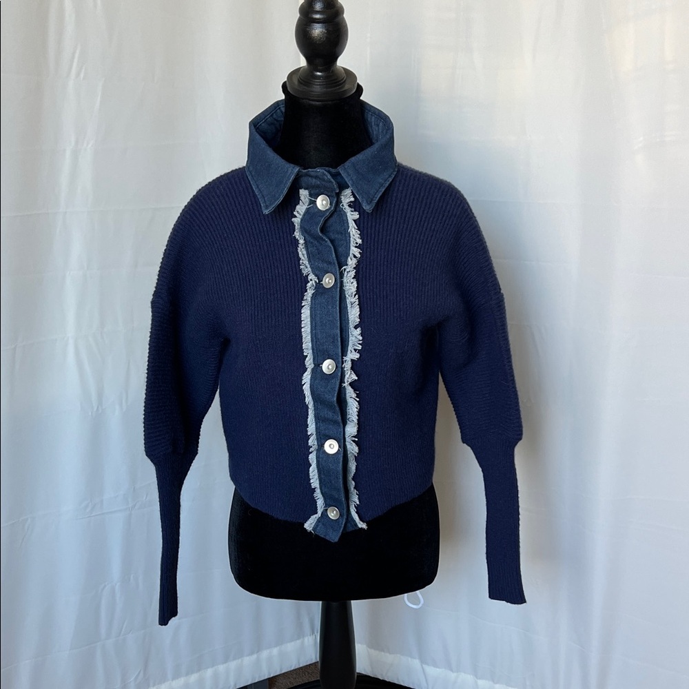 Navy Button-Front Denim Fringe Trim Sweater